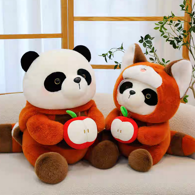 Dibujos animados oso grupo de juguetes de peluche panda transformado en pequeño mapache muñeca infantil para amigos regalo de muñeca de manzana