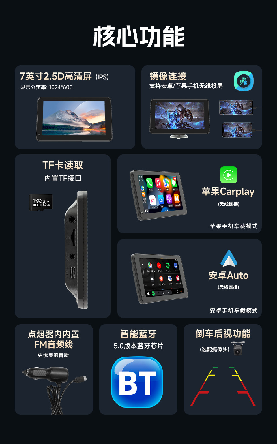 Cross-border 7inch carplay portable screen car central control navigation wireless carplay car smart screen customization