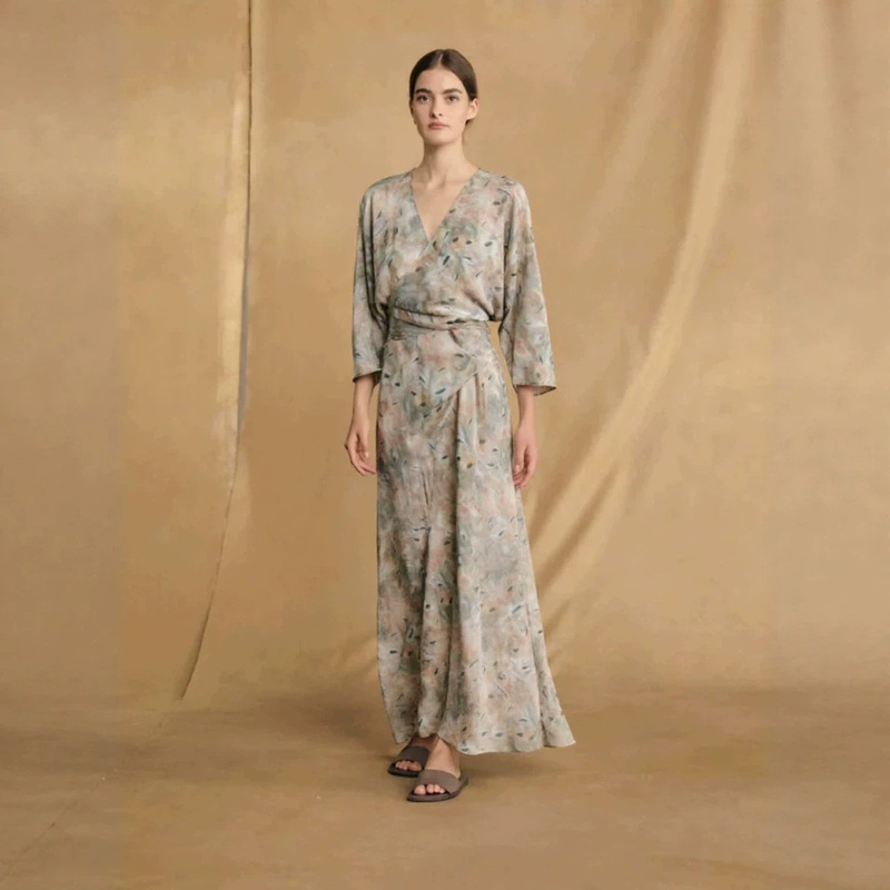 Scandinavian Niche Design Mulberry Silk Skirt Smudged Print Slim Slim Long Lace-Up Wrap Dress for Women