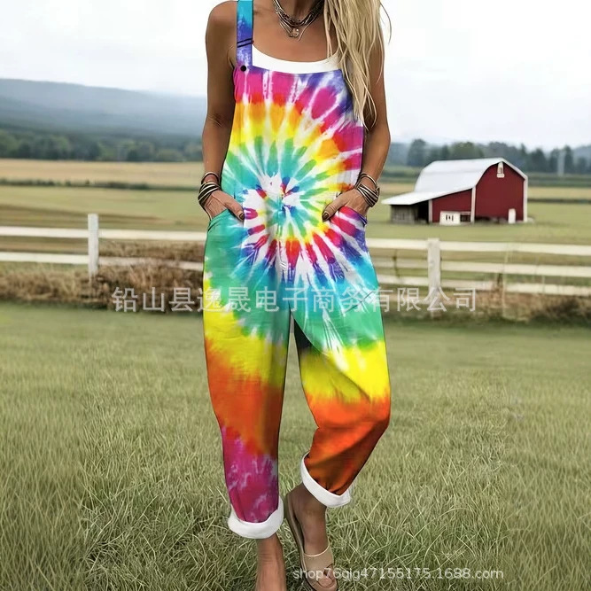 Cross-Border Women's Clothing Amazon European and American Summer Digital 3D Print Buttoned Suspenders Casual Overalls