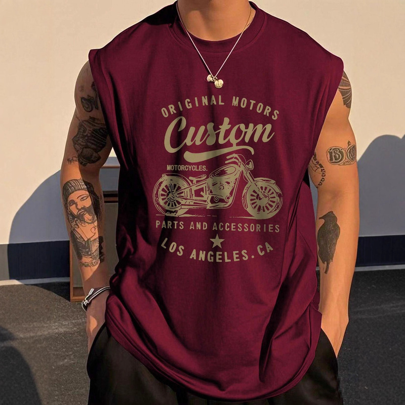 Cross-Border Foreign Trade Summer New Men's Short-Sleeved Tops with Monochrome Motorcycle and Letter Pattern Print Sports Vest Cross-Border Foreign Trade Summer New Men's Short-Sleeved Tops with Monochrome Motorcycle and Letter Pattern Print Sports Vest