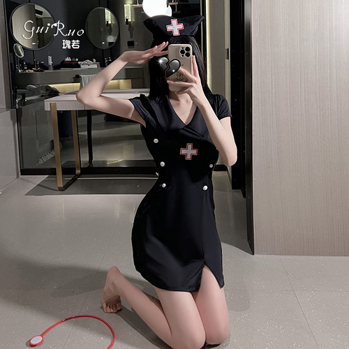 Guiruo sexy lingerie, sexy and hot, no need to take off, small breasts with slit, nurse uniform, professional uniform, solid color uniform suit 1691