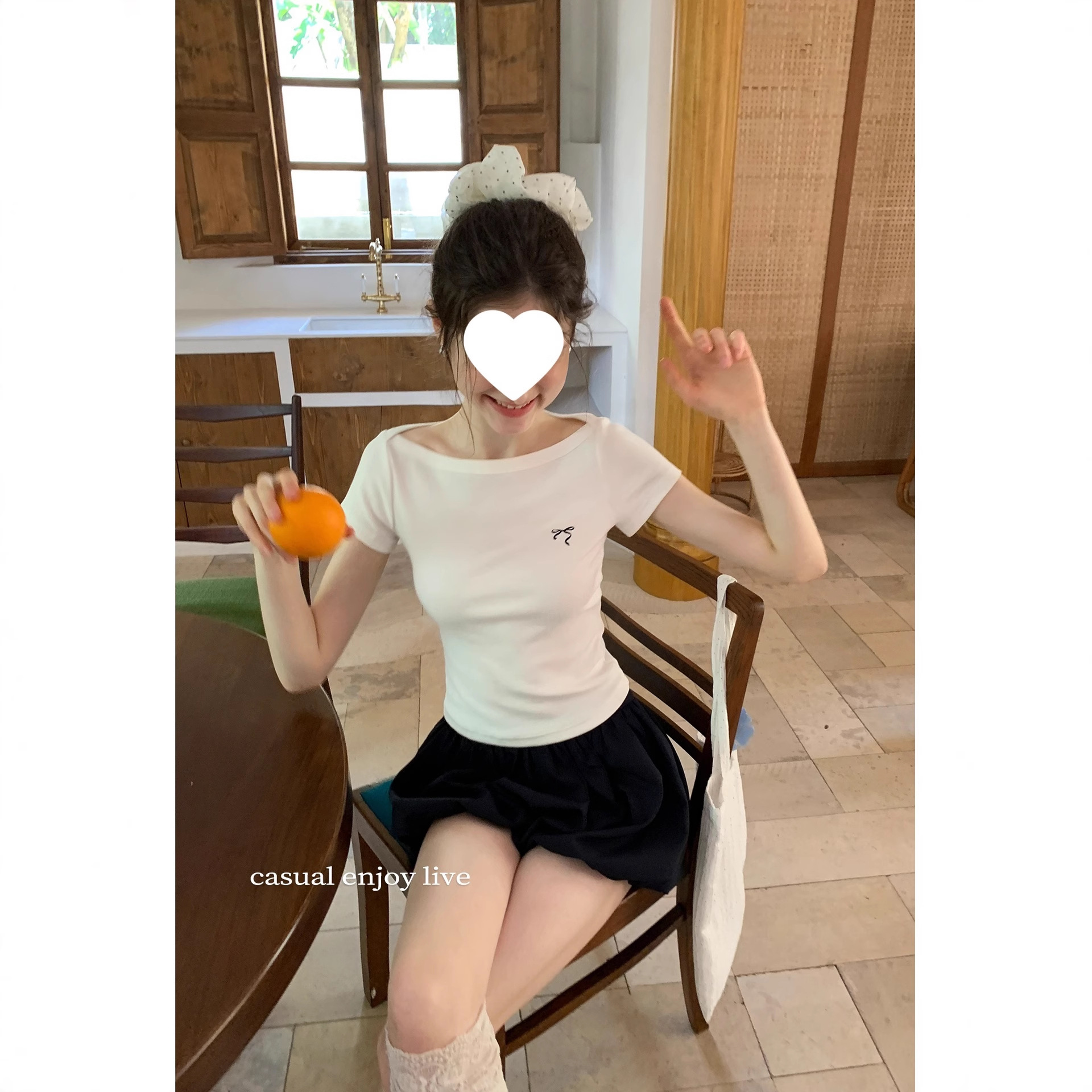 Eggka Boat Neck Bow Short Right Shoulder T-Shirt Women's Summer Elegant Slimming Look Casual One-Neck Short-Sleeved Top