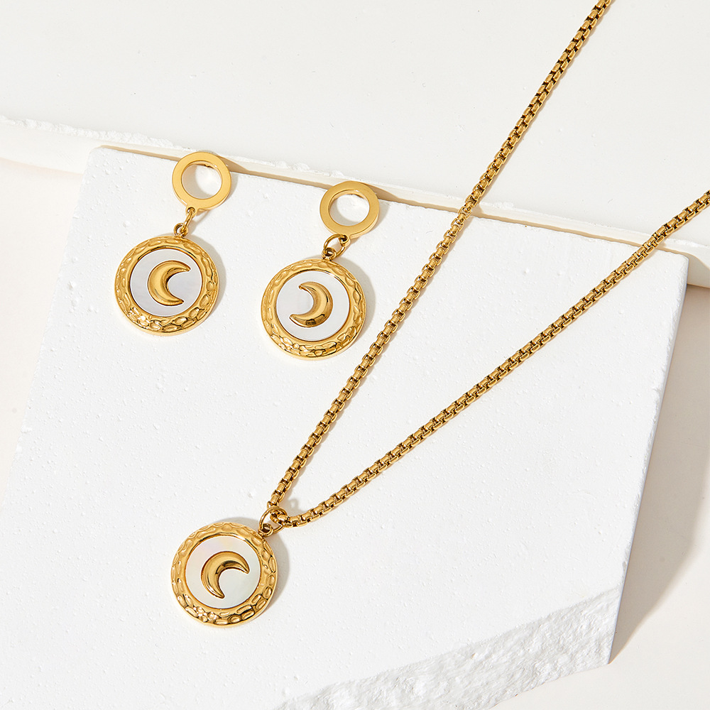 Retro Round Moon Stainless Steel Inlay Shell Earrings Necklace