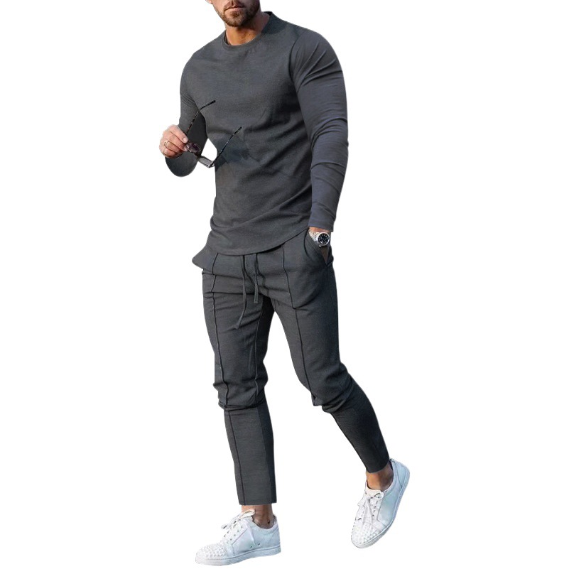 Amazon Foreign Trade ropa de hombre 2024 Primavera de dos piezas de cuello redondo manga larga Camiseta pantalones color sólido casual traje de hombre