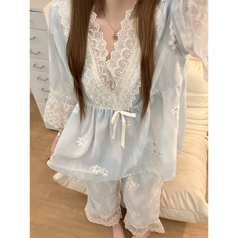 甜美少女蕾丝拼接网纱睡衣女夏季薄款大码亲肤长袖长裤家居服套装|undefined