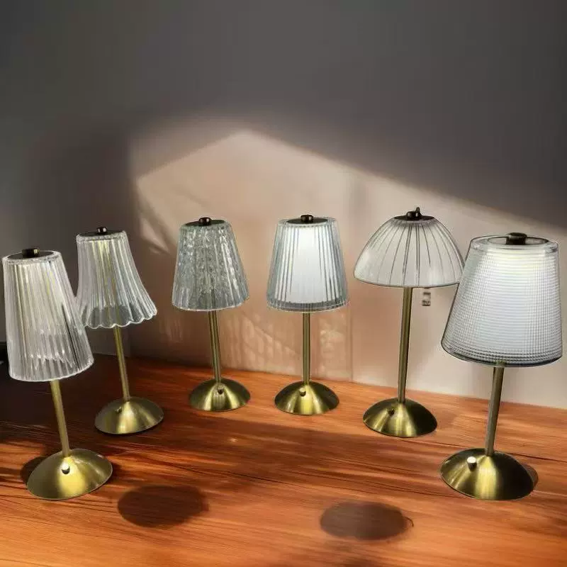 水晶复古台灯南瓜条纹卧室床头灯金属桌面触摸充插两用小夜灯批发