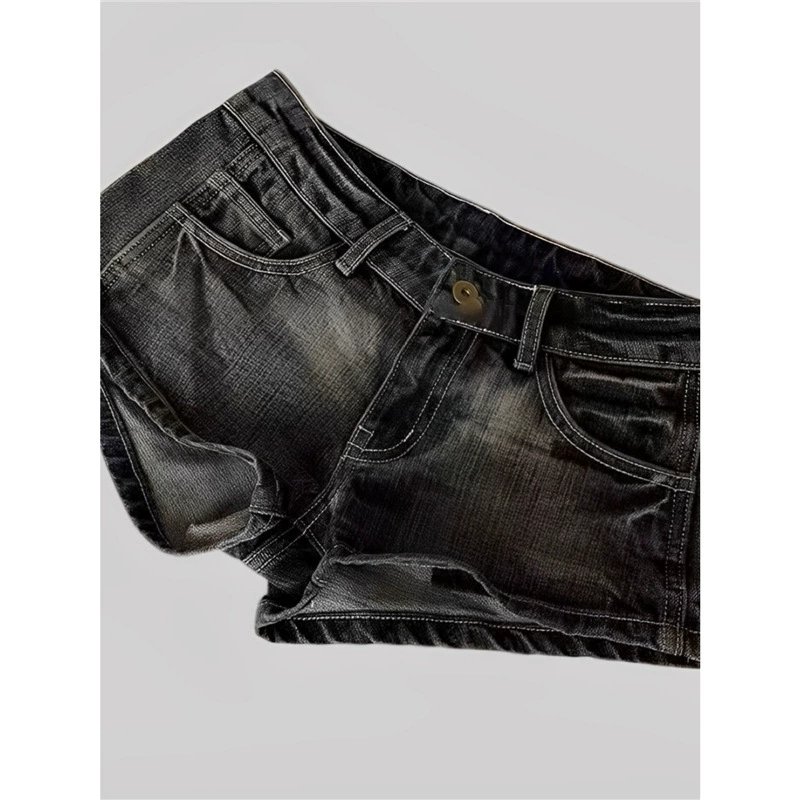 Джинсовые шорты женские, приталенные, washed black, заниженная талия