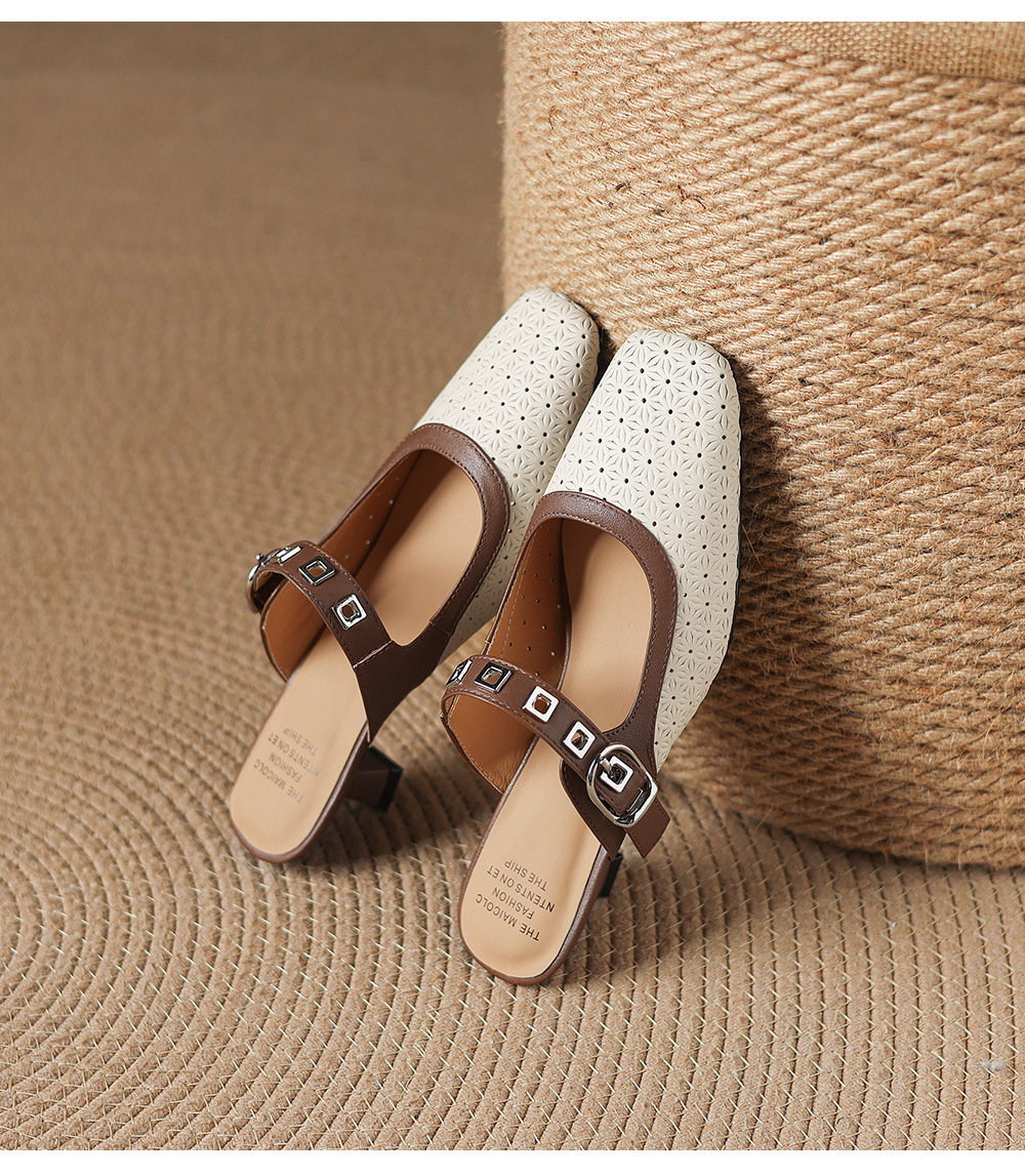 Sandal nữ quai ngang mũi vuông gót 5 cm phối màu — màu trắng ngà chi tiết 21