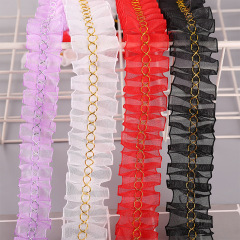 Gold Thread Lace Transparent Double-Sided Pleated Edge DIY Handmade Fabric Ribbon Children's Clothing Accessories Substrate Wholesale