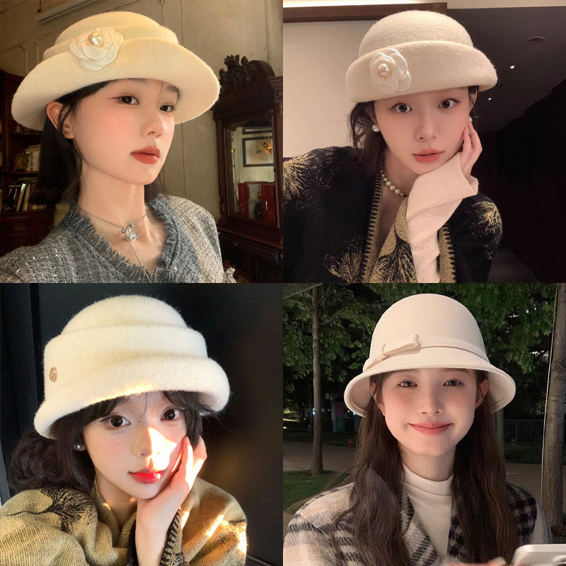 Hepburn estilo elegante sombrero de lana de invierno mujeres temperamento alto sentido sombrero de pescador de punto caliente sombrero de oro universal