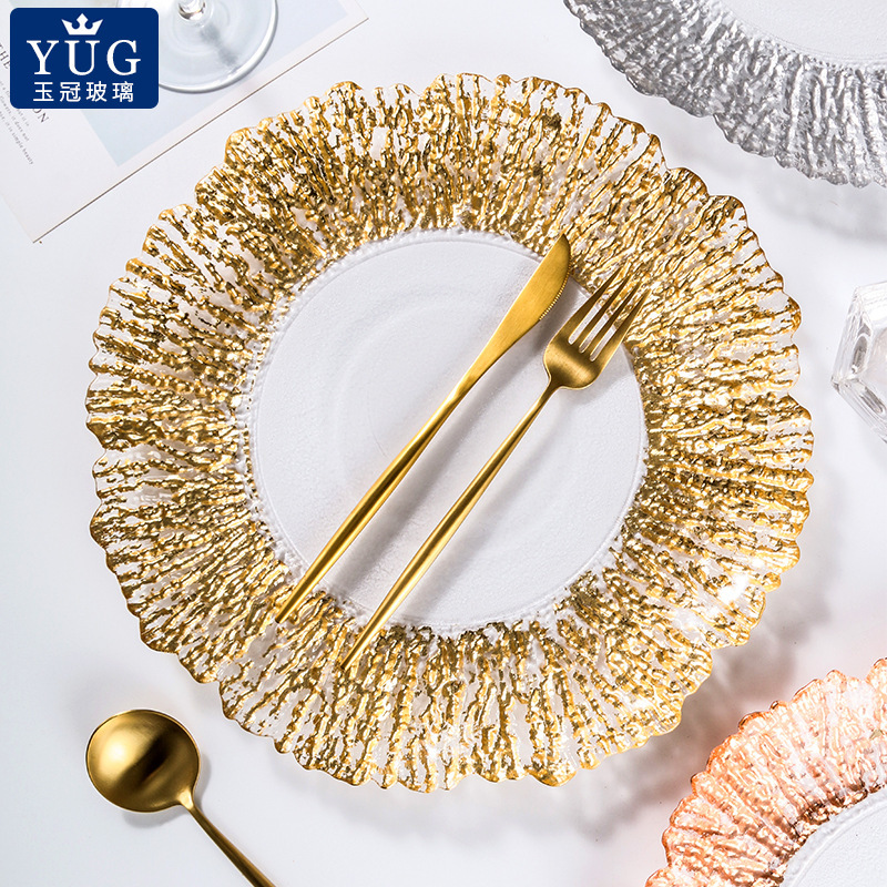Creative Golden Coral Glass Plate Irregular Glass Plate Household Fruit Plate Dinner Plate suit Western Food Mat Plate