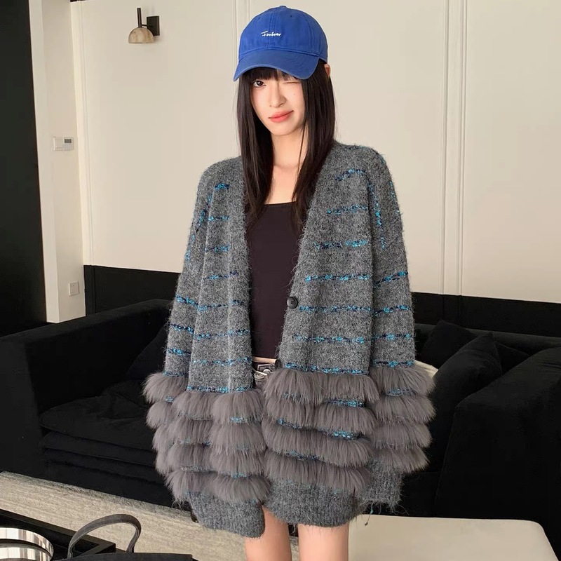 2025秋冬新款V领狐狸毛皮草外套女中长款亮丝针织开衫慵懒宽松版|undefined