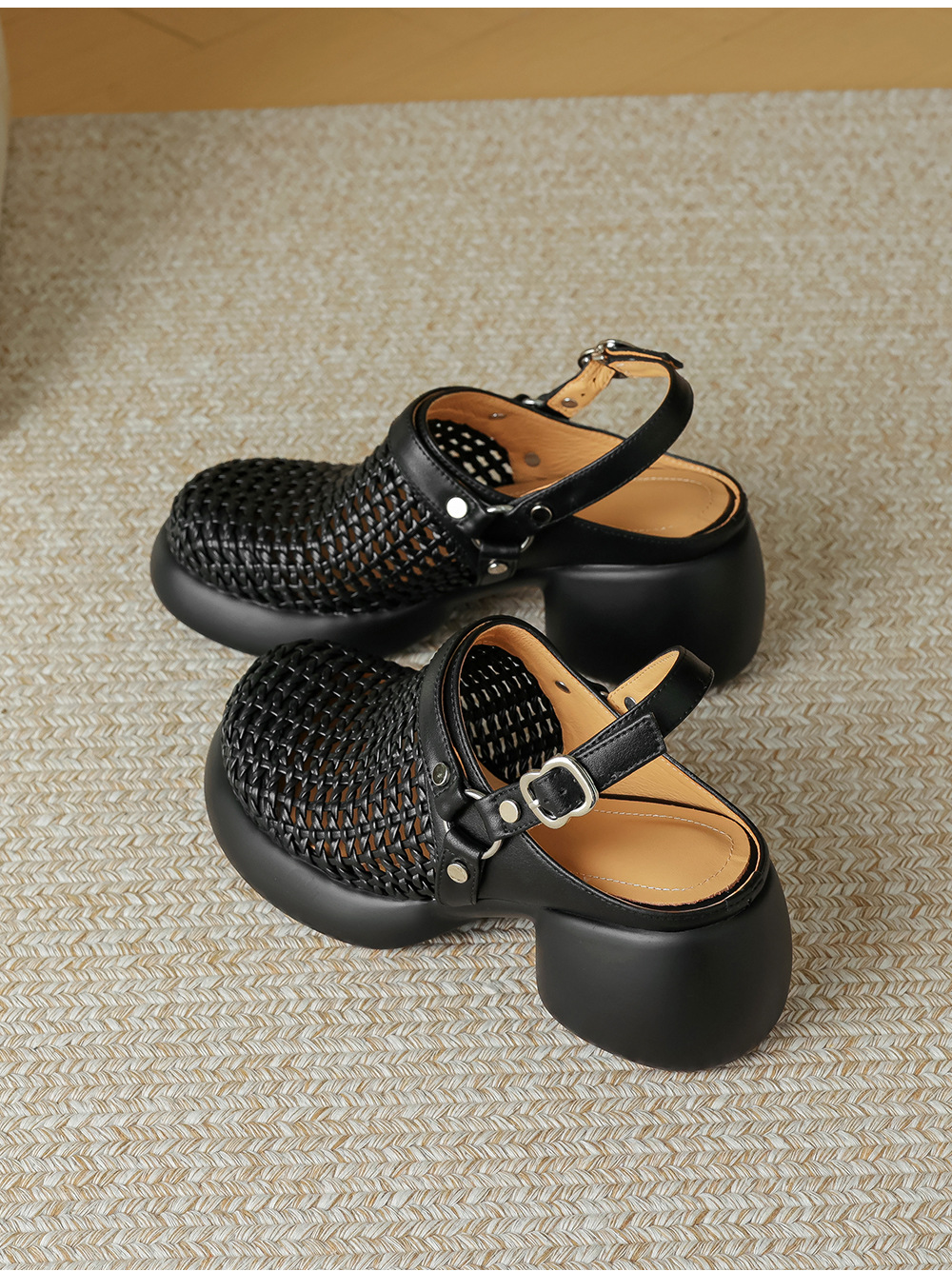Sandal cao gót nữ mũi hở đế dày gót 6 cm phong cách dệt — đen chi tiết 19