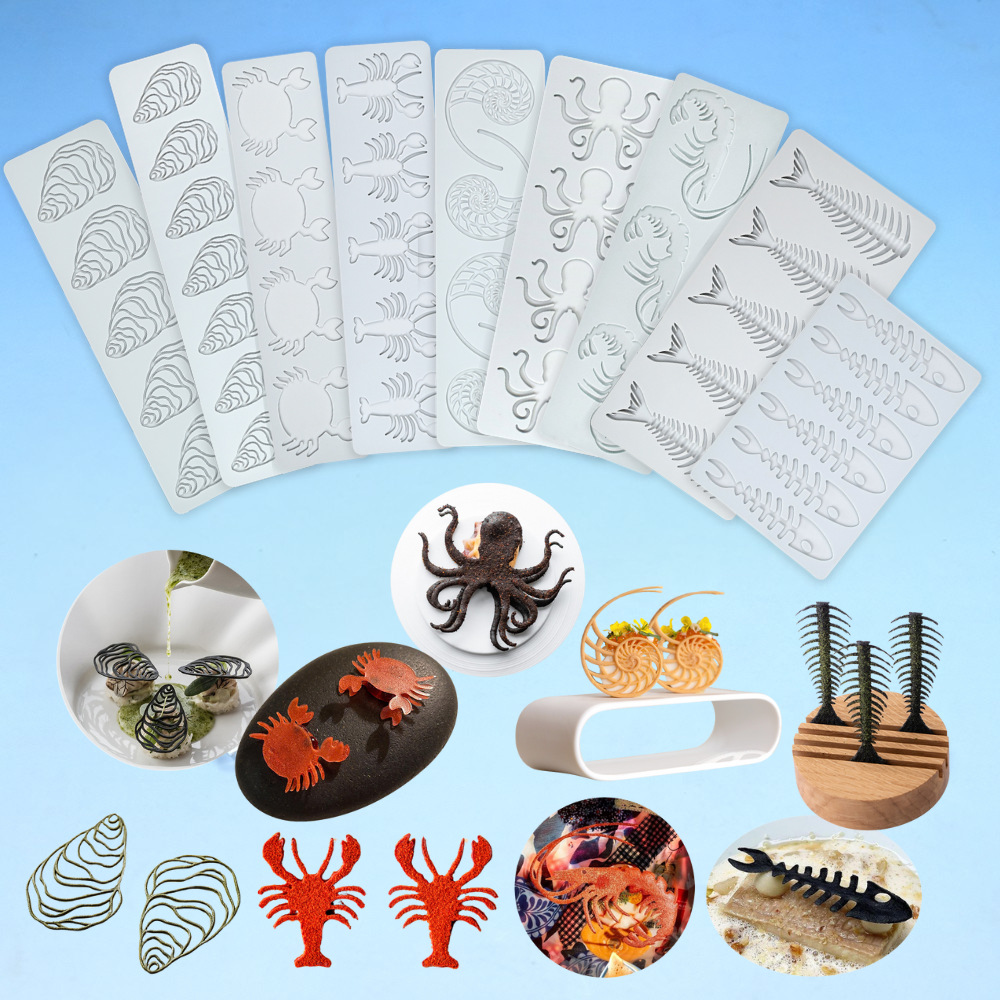 Ocean series cangrejo cangrejo hueso de pescado fondant cojín de encaje pulpo ostras plato frío molde de silicona decorativo