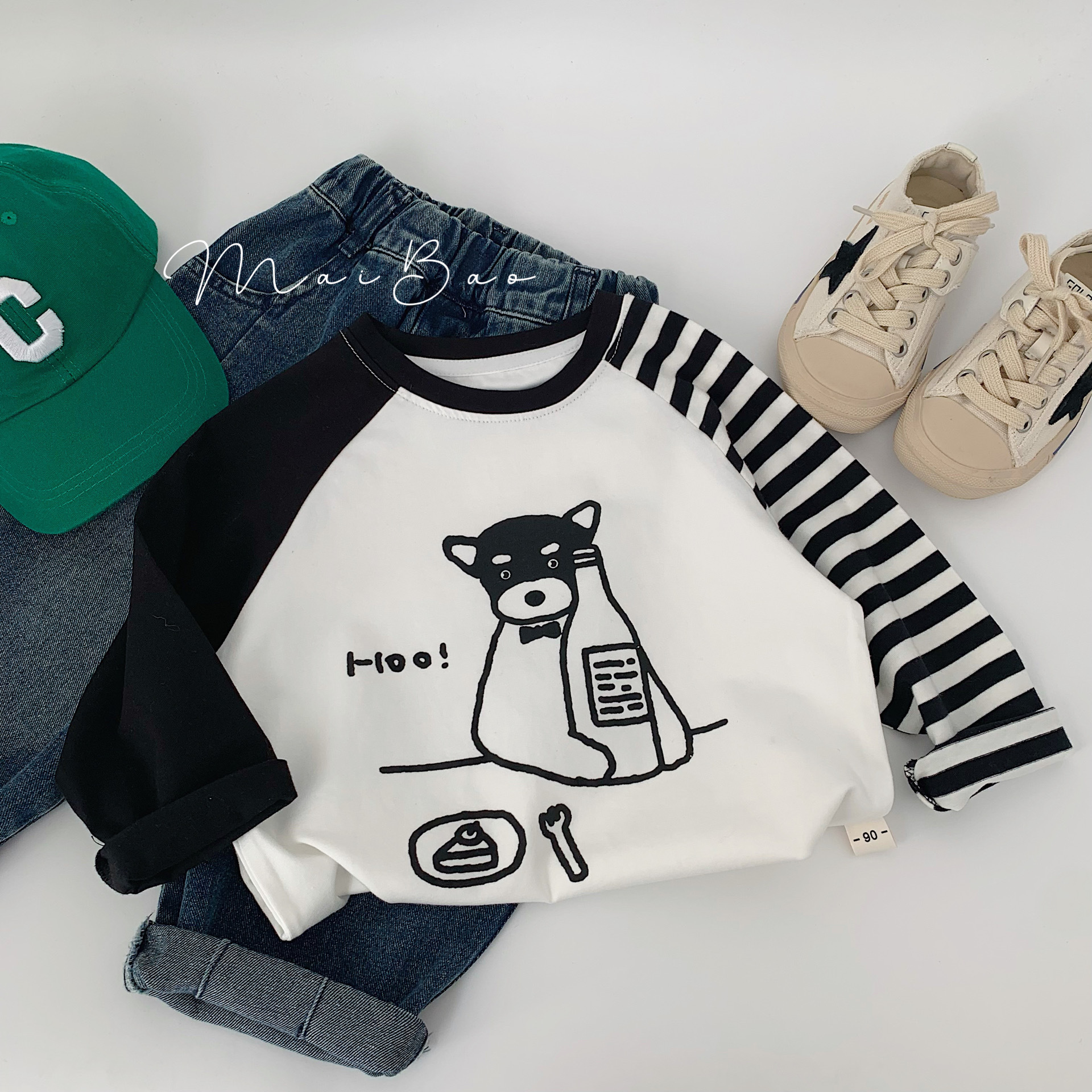 Maibao camiseta para niños 2024 primavera dibujos animados manga larga niños y niñas rayas manga raglán Camisa de algodón para niños moda