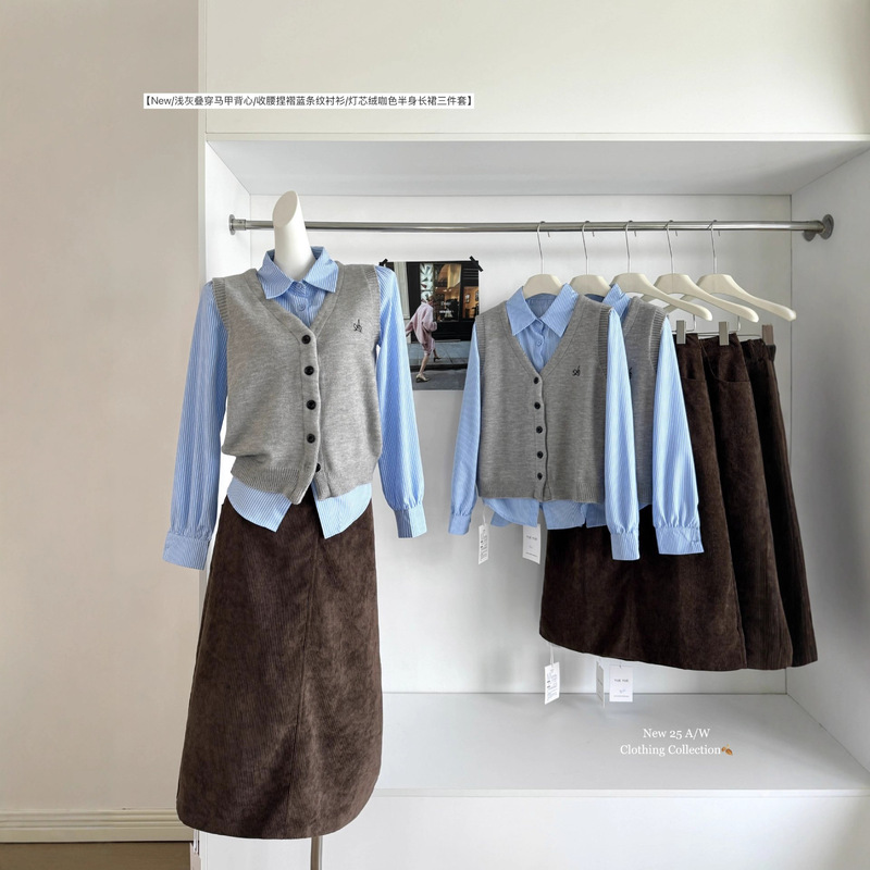 High-Intelligence Girlfriend Korean Style High-Intelligence Temperament Heroine Waist-Cinching Pleated Versatile Blue Striped Shirt