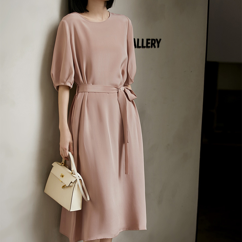 Heavy Weight Silk 30mm Mulberry Silk Round Neck Short-Sleeved Elegant Lace-Up Dress Women's Skirt Summer New Long Skirt Heavy Weight Silk 30mm Mulberry Silk Round Neck Short-Sleeved Elegant Lace-Up Dress Women's Skirt Summer New Long Skirt