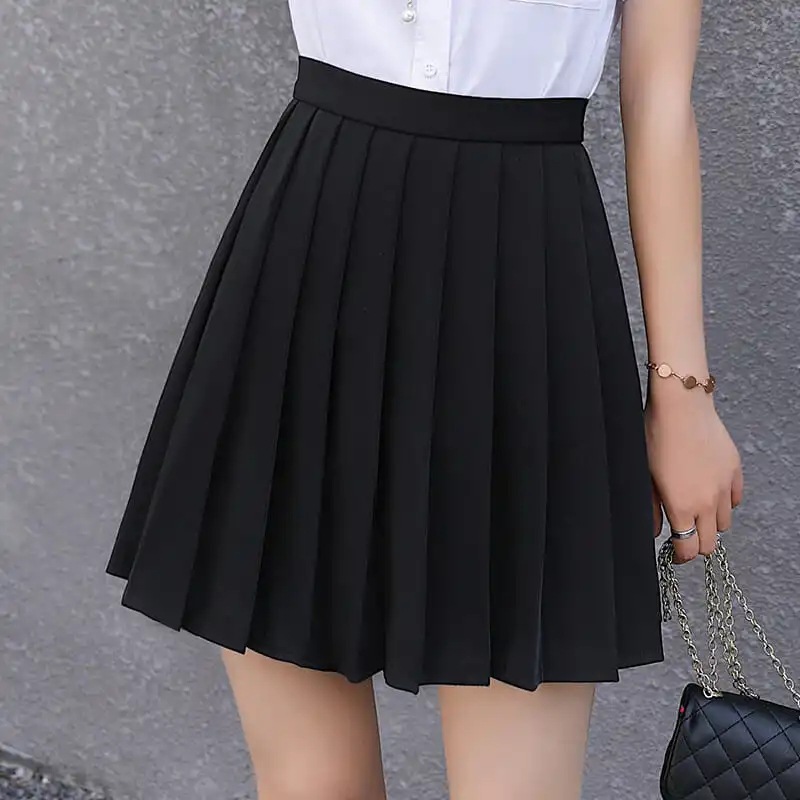 (2개) 원래 JK 솔리드 컬러 스커트 여성 여름 블랙 하이 허리 슬리밍 학생 학업 스타일 짧은 스커트 화이트 톱 세트