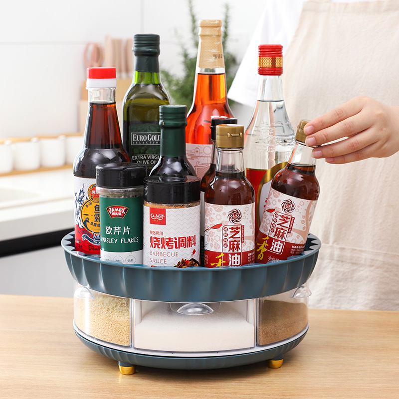 Rotating spice rack integrated multi-grid seasoning accessory storage counter surface oil, salt, sauce, vinegar bottle kitchen double-layer shelf