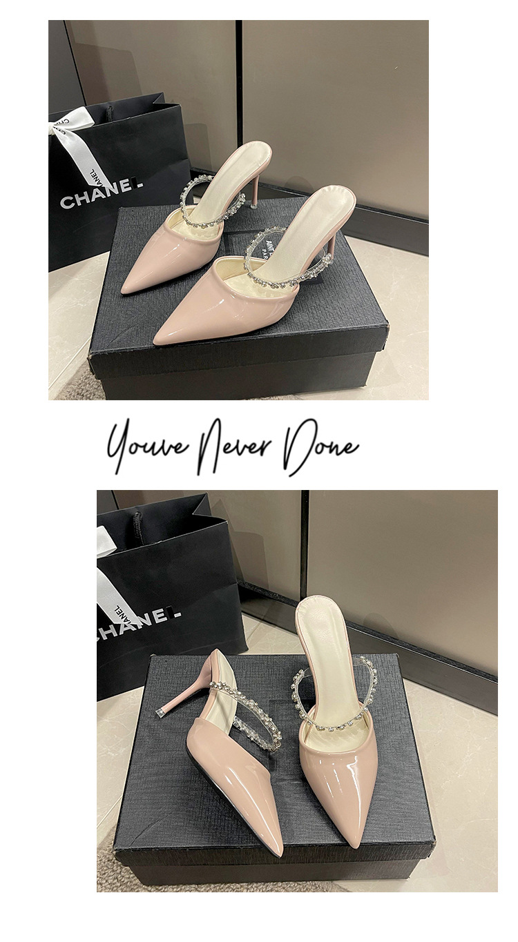 High-heeled toe slippers for women 2023 summer new style French rhinestone one-strap stiletto pointed toe patent leather half slippers_voghion.com