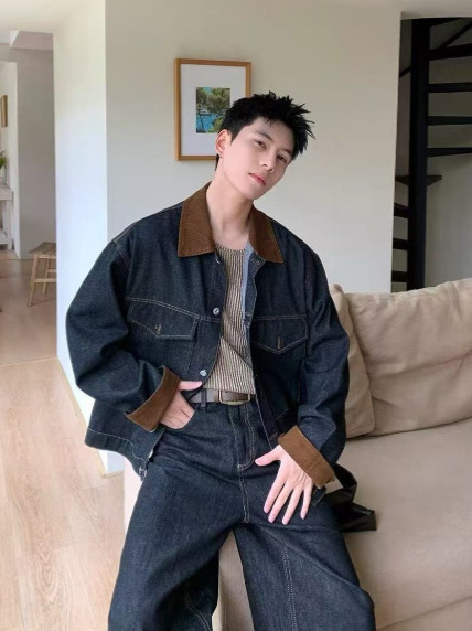 Autumn New Trendy Brand Retro Barn Style Black Denim Jacket Workwear Vintage Lapel Jacket for Men and Women Trendy