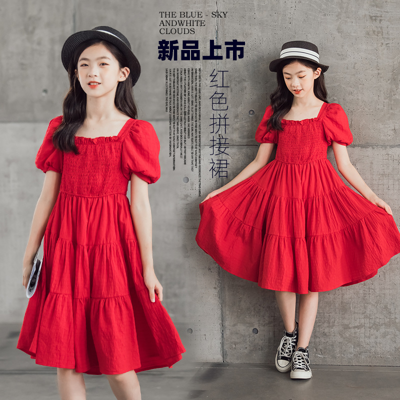 New summer girls' dress, Korean style, red square neck, children's puff sleeve princess dress, cross-border children's clothing