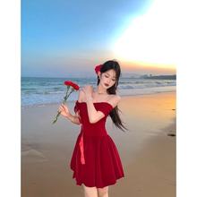 2025新款夏季流行斜肩花苞裙多穿法红色蓬蓬裙韩系甜美少女连衣裙