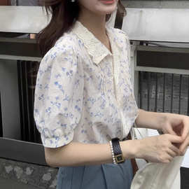 白色短袖碎花衬衫女夏季薄款2025新款小个子娃娃领衬衣泡泡袖上衣