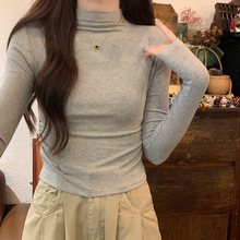 半高领褶皱显瘦短款长袖T恤女春秋2023韩系小个子纯色打底衫上衣