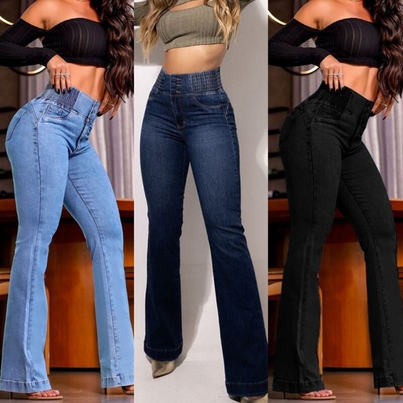 2025 Amazon European and American Cross-Border Elastic Waist High-Waisted Stretchy Slim-Fit Flared Butt-Lifting Jeans Street Fashion