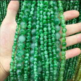 双草绿色飘花玉髓圆珠子散珠手工串珠优化天然石饰品配件工厂直销