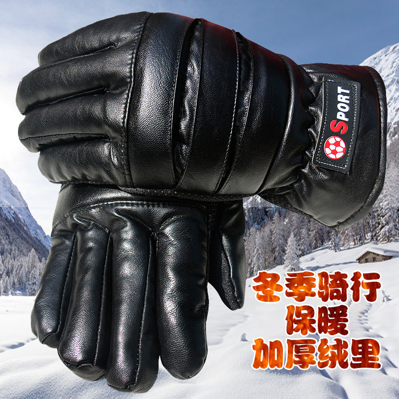 Leather gloves men women winter plus fleece plus thick cold-proof warm outdoor riding driving anti-slip touch screen cotton gloves wholesale