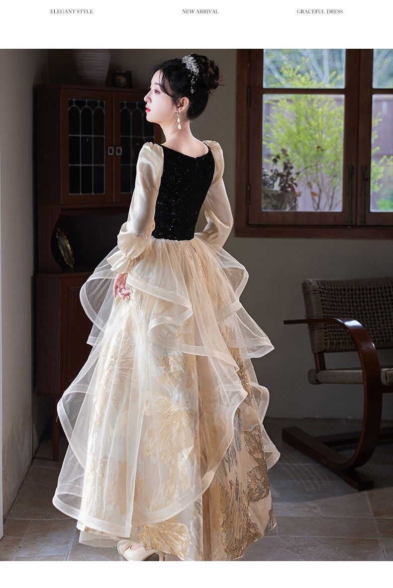Đầm dạ hội cổ vuông tay dài kiểu Pháp thanh lịch, phù hợp dẫn chương trình, chơi đàn piano — Màu như hình chi tiết 14