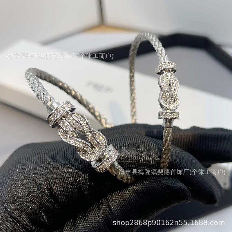 High-End V-Gold Fred Lock Bracelet with Full Diamond Inlay, Fred Wire Bracelet, Platinum 8-Degree Steel Wire Bracelet for Men and Women