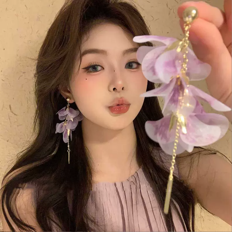 氛围感浪漫渐变紫色花瓣流苏耳环高级感气质耳钉女仙气度假风耳饰