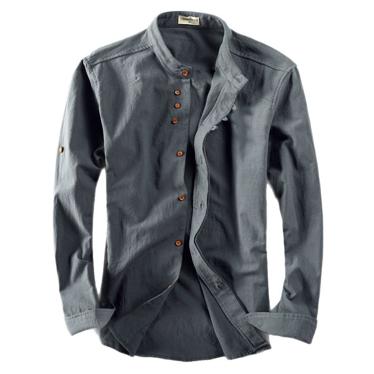 Imported cotton-linen shirt with Chinese-inspired style; color options: Hidden Green, Freshness, Shallow Gray, Gray Blue; sizes S-3XL