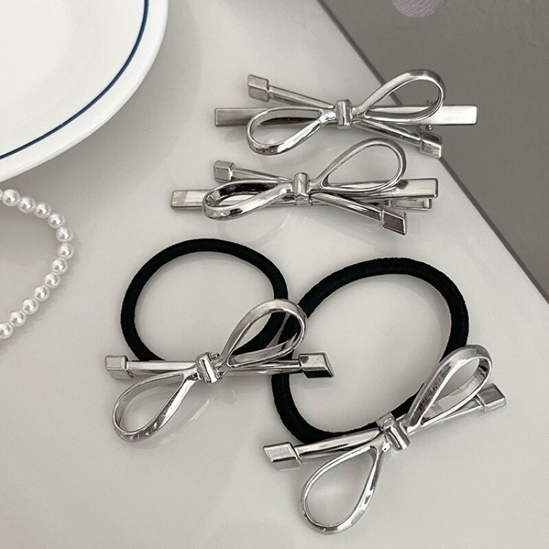 Sweet Cool Niche Metal Bow Hairpin Women's 2024 New Style Back of Head Low Ponytail Side Duckbill Clip Hair Ring Trendy