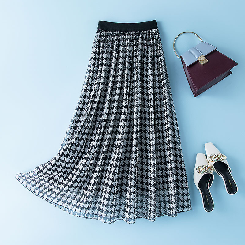Silk Skirt Women's Spring And Summer High Waist Slim A-line Drape Long Skirt Mulberry Silk Houndstooth Long Skirt