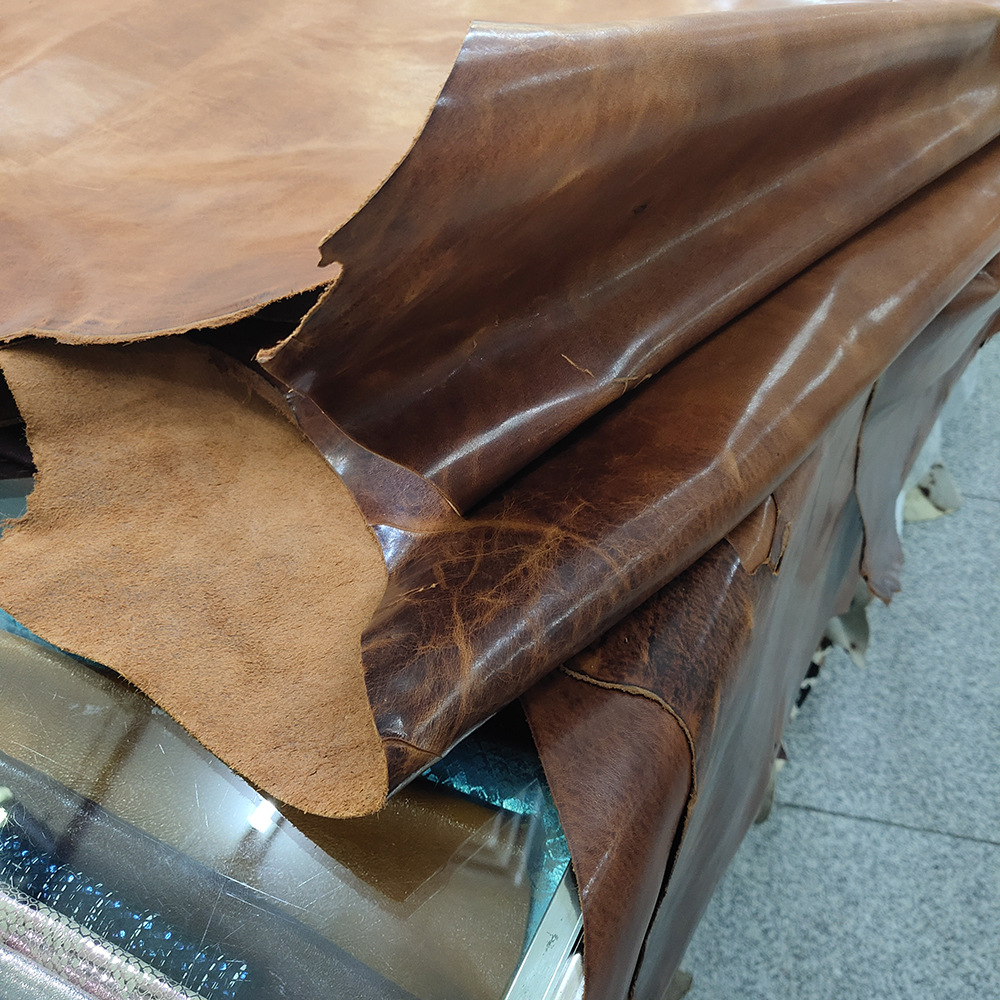 现货油蜡皮料 头层牛皮革 仿古变色艺术厚度1.3mm 鞋包沙发皮料