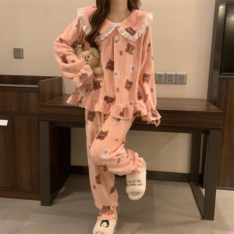 秋冬季珊瑚绒睡衣套装女加绒加厚家居服时尚可外穿法兰绒开衫睡袍|undefined