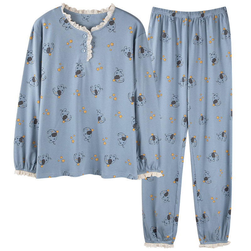 純綿パジャマ カップル用 ラウンドネック プルオーバー レディース 綿100% 秋冬 メンズ 長袖 ホームウェアセット 外出可 カジュアル