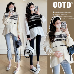 Pregnant women's clothing spring fashionable new style elegant striped fake two-piece shirt loose belly-covering slim split top