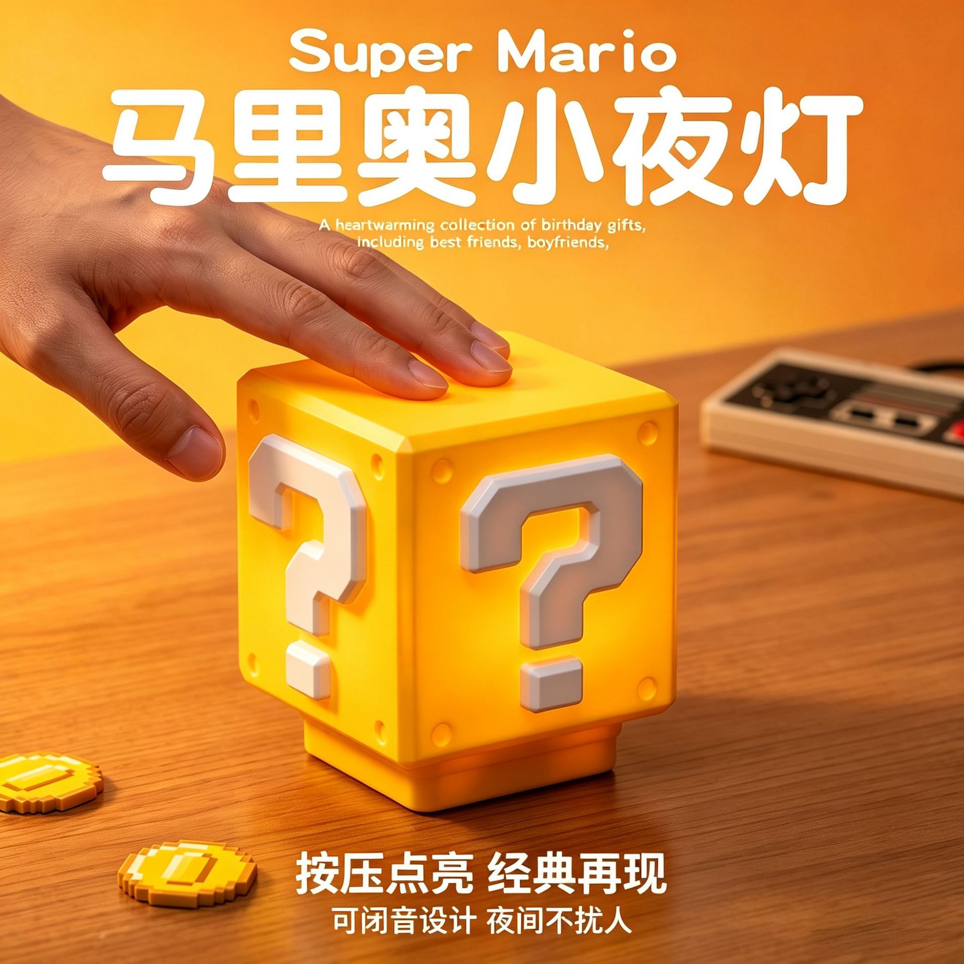 Super Mario LED Question Mark Lamp USB Rechargeable Cube Press-Type Night Light Bedroom Bedside Atmosphere Lamp