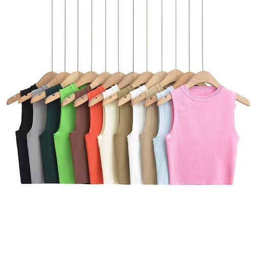 Fashionable Hot Girl Stretch Tight Round Neck Pullover Top Women's High Waist Bare Navel Striped Knitted Short Vest Wholesale