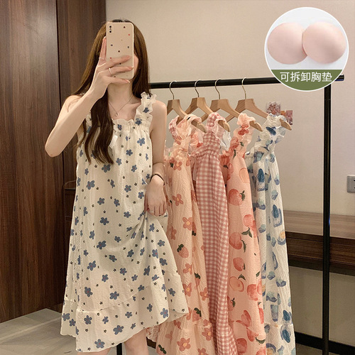 Korean style suspender nightgown for girls summer bubble cotton sweet and cute princess style with breast pads loose large size nightgown dress