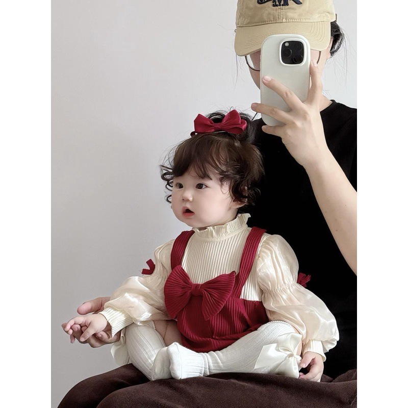 ベビー服、秋服、女性用リボンパフスリーブ、フェイクツーピースカバーオール、新生児満月百日ジャンプスーツ|undefined