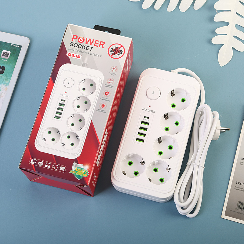 Caja de conexión europea Q338 paquete de caja de color neutro 4USB + 1 interruptor de botón grande tipo-c