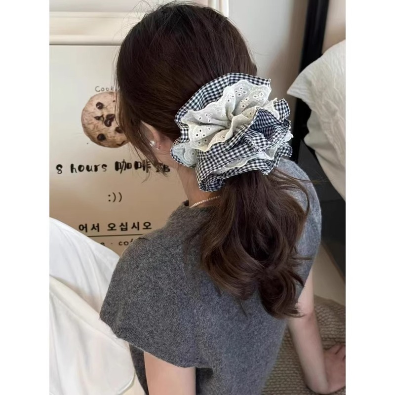 フレンチレトロな二層チェック柄レースの大きなヘアゴム、文学少女カレッジスタイルのヘアロープポニーテールヘッドロープ|undefined