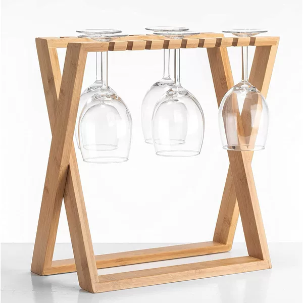 Bamboo Tabletop Hanging Red Wine Cup Rack for Goblet Inverted Hanging Rack X-Shaped Cup Rack Folding Bamboo Red Wine Cup Rack